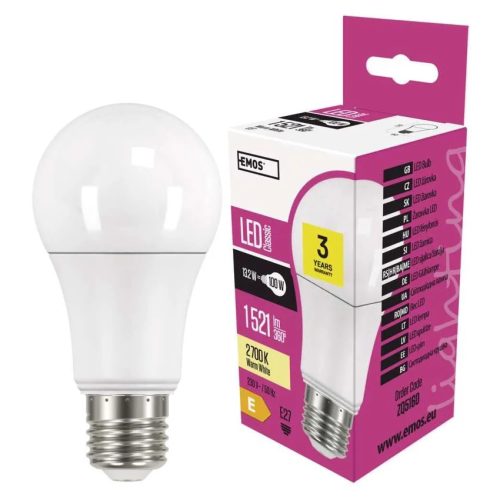Emos E27 LED, 13.2W, 1521lm, meleg fehér, normál gömb, 100W izzó kiváltására