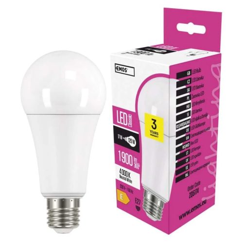 Emos E27 LED, 17W, 1900lm, természetes fehér, normál gömb, 120W izzó kiváltására